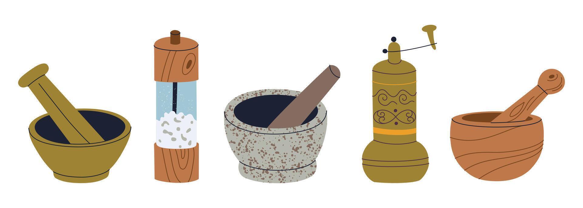 Set of mortar and pestle illustrations, flat cartoon spice mills and coffee grinders icon collection. Granite, wooden, and copper doodle mortars. Modern and traditional mills for spices, coffee vector