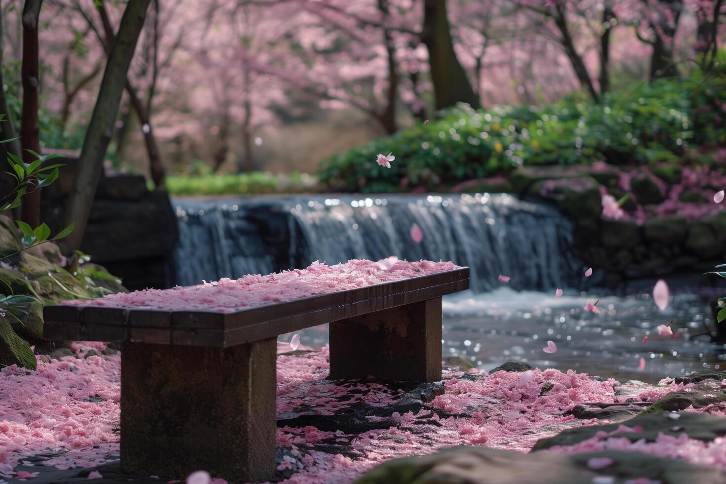 A bench sitting in front of a waterfall with pink flowers photo