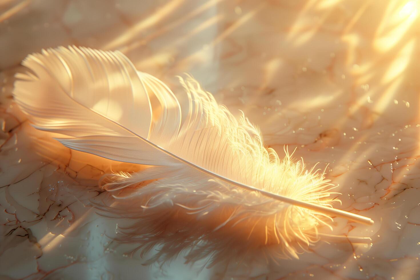 A white feather laying on a marble surface photo