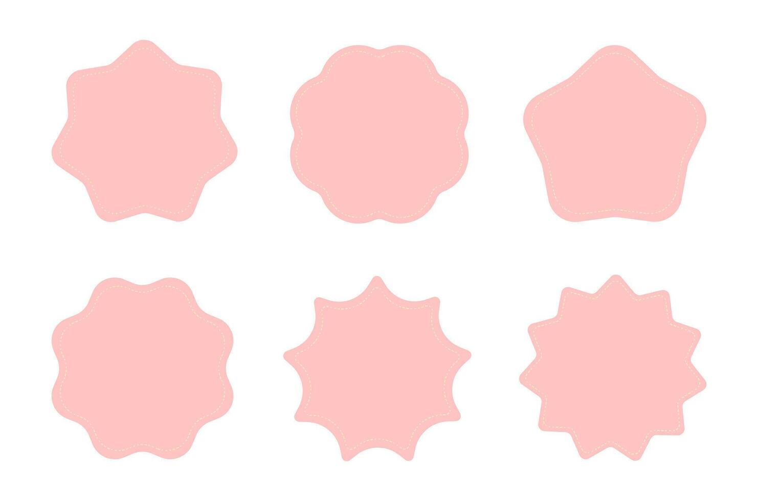 Set of six pink blank badge shapes with wavy and star edges isolated on white background. Template for labels, stickers, and design vector