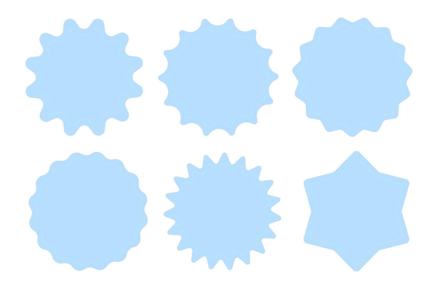 Set of six blue blank badge shapes with wavy and star edges isolated on white background. Template for labels, stickers, and design vector