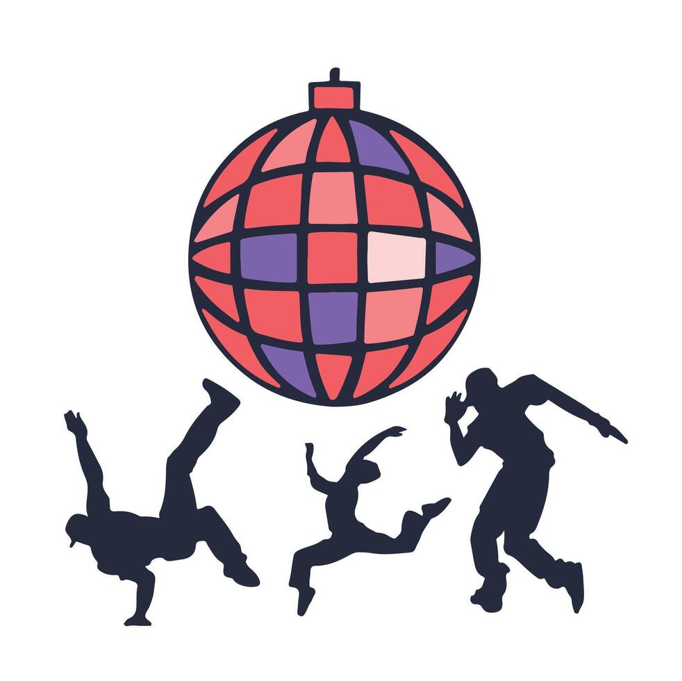 color symbols of children's hobbies, disco, dance party, hand drawn illustration vector