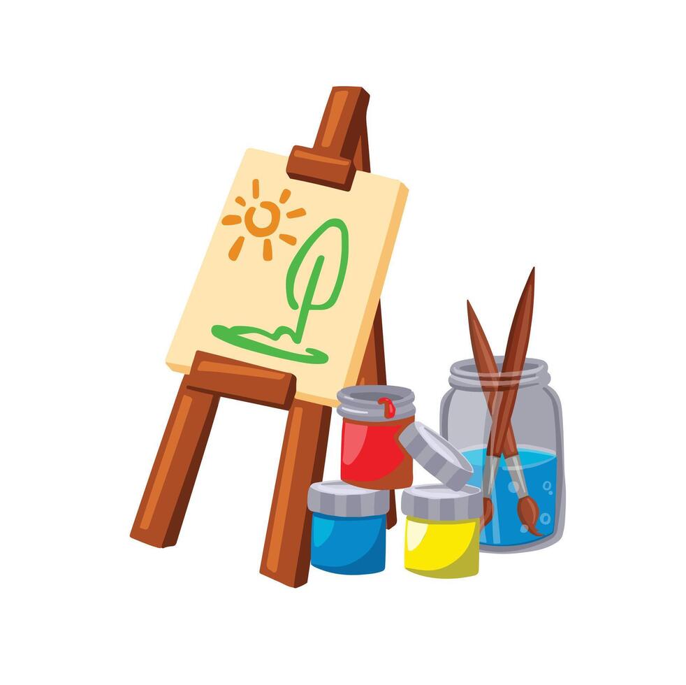 Easel with Brushes and Paints Hand Drawn Illustration vector