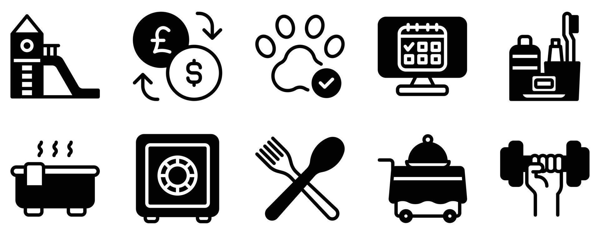 Hotel Service Icon Set Solid Style Collection A modern set of solid-style hotel service icons perfect for booking platforms travel guides and hospitality branding. vector