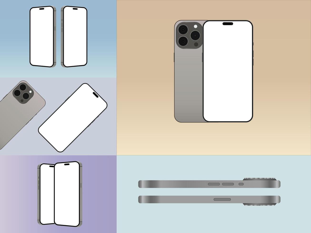 Realistic 3D mobile phone frames with shadows, isolated color cellphone device vector