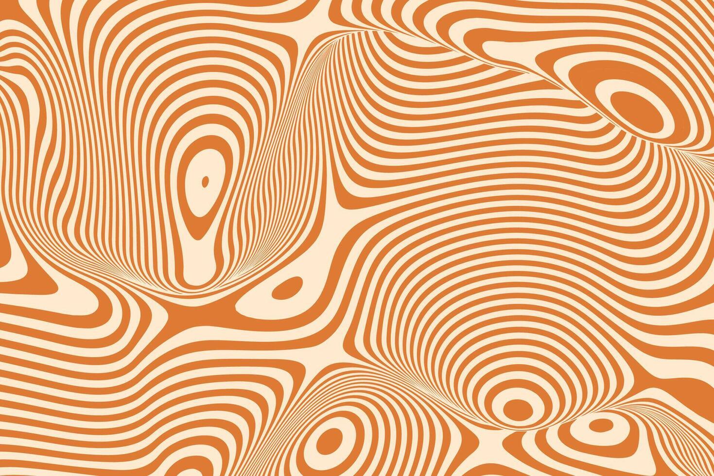 Abstract wavy line pattern with fluid, organic shapes in orange and beige tones, featuring optical illusion effects, distorted contours, and modern geometric design. Hypnotic digital artwork with a vector