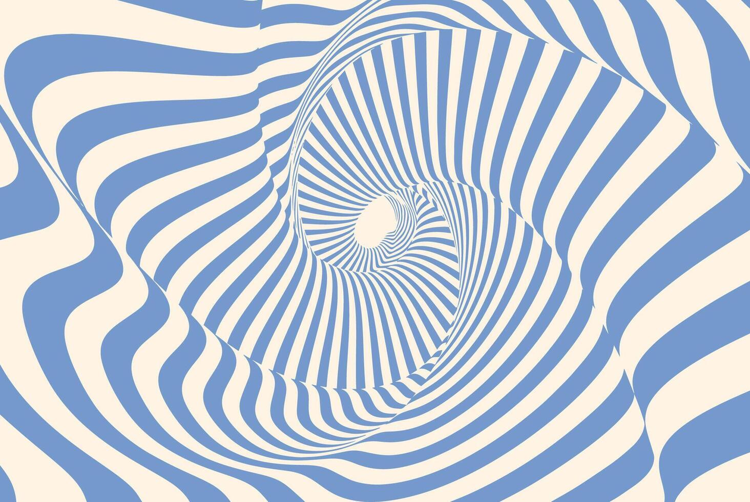Abstract optical illusion background with blue and beige wavy lines creating a dynamic vortex effect. Psychedelic pattern with distorted curved stripes for retro futuristic design. vector