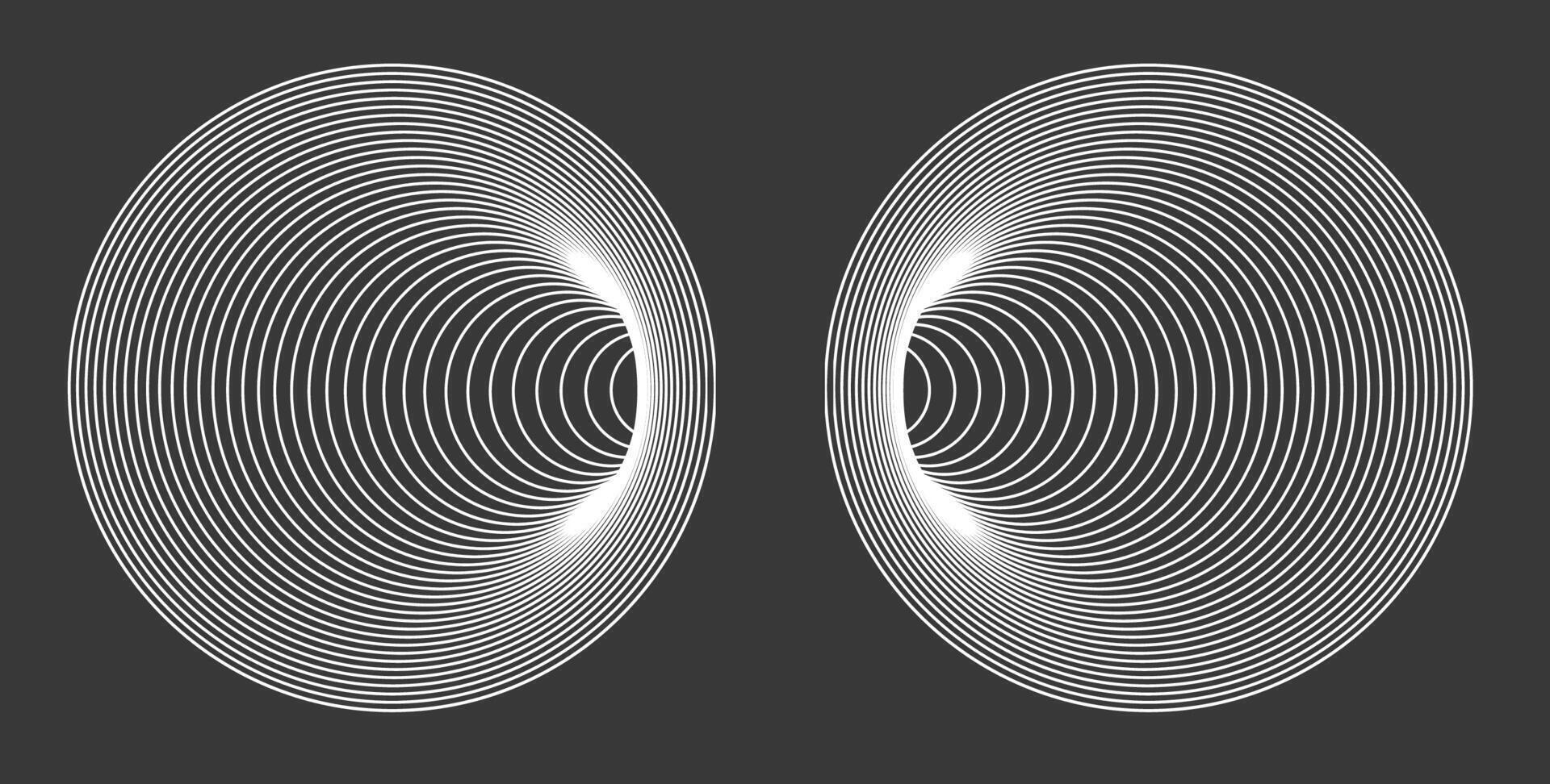 Minimalist design of two mirrored circles with concentric white lines on a dark background. vector