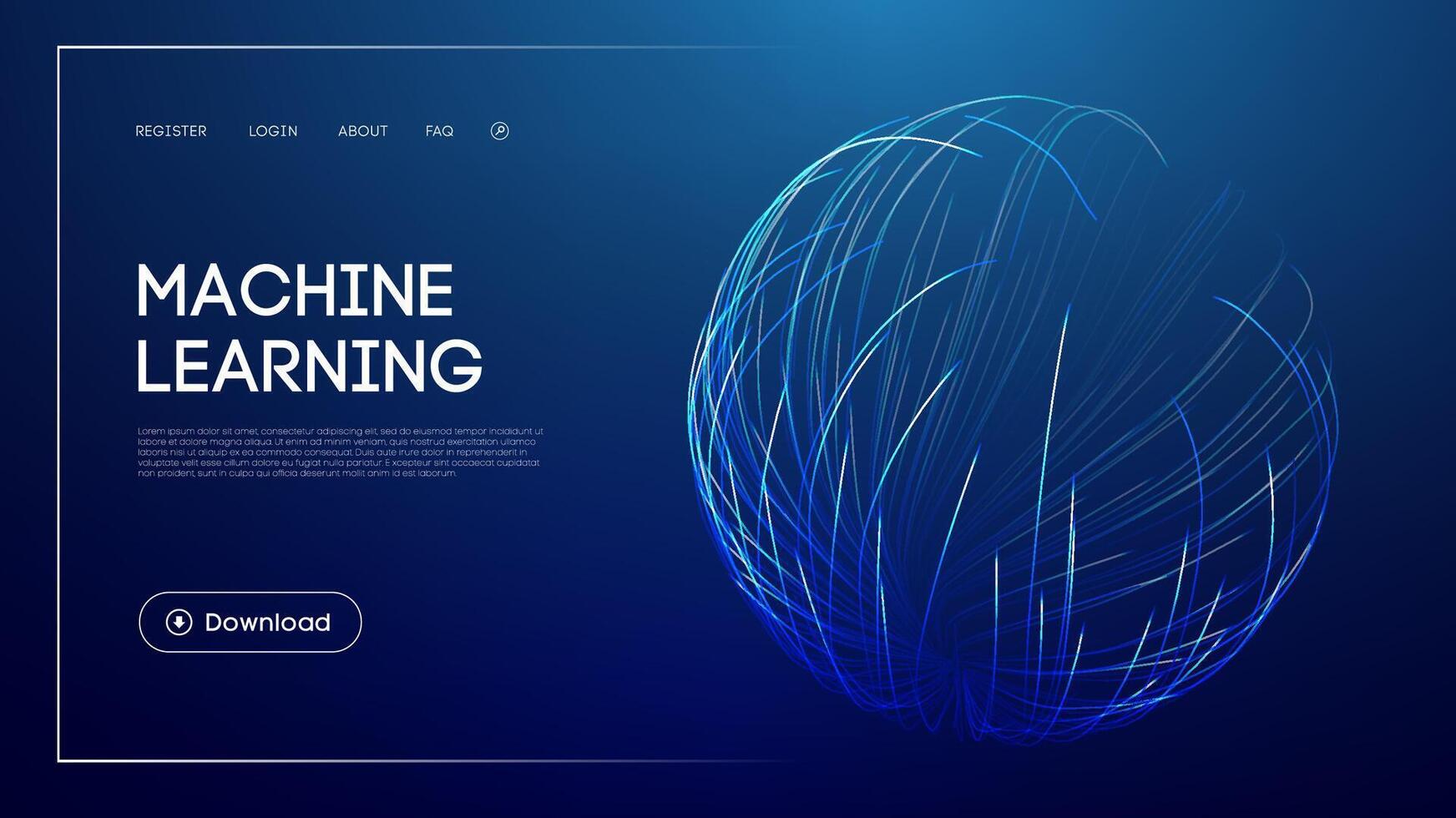 Machine learning technology with abstract glowing sphere, futuristic blue background, artificial intelligence visualization, data analysis concept, and modern UI design for innovation and automation vector