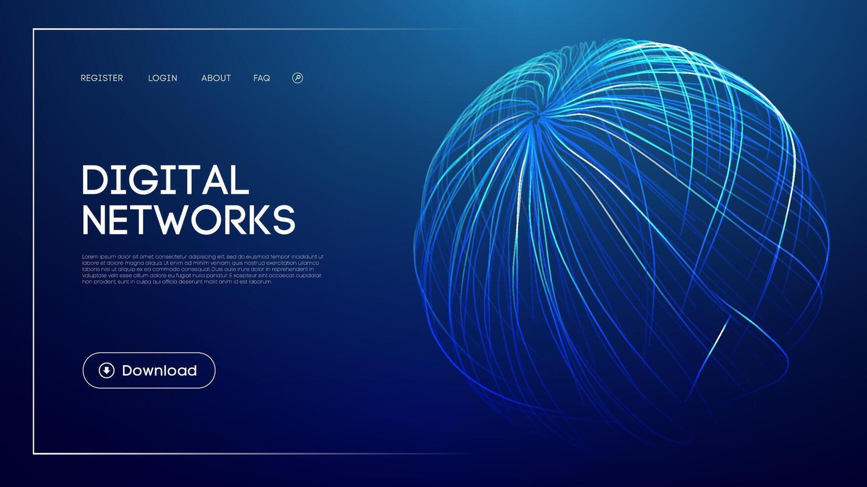 Digital networks technology with abstract glowing sphere, blue futuristic background, connected data visualization, modern UI design, and wireframe globe for innovation and connectivity vector