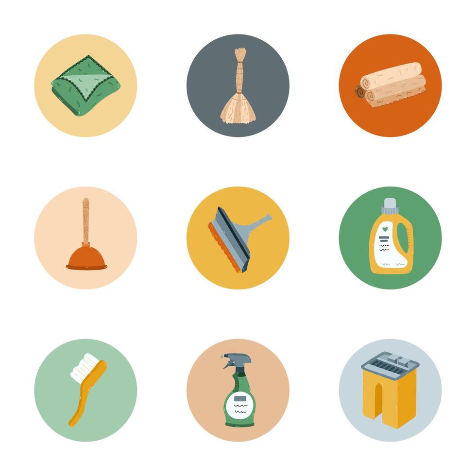 Trendy round cover stories icon for social media, blogs, business, branding with squeegee, bucket, spray detergent, plunger clipart. Highlight icons with home care illustration in warm pastel colors. vector