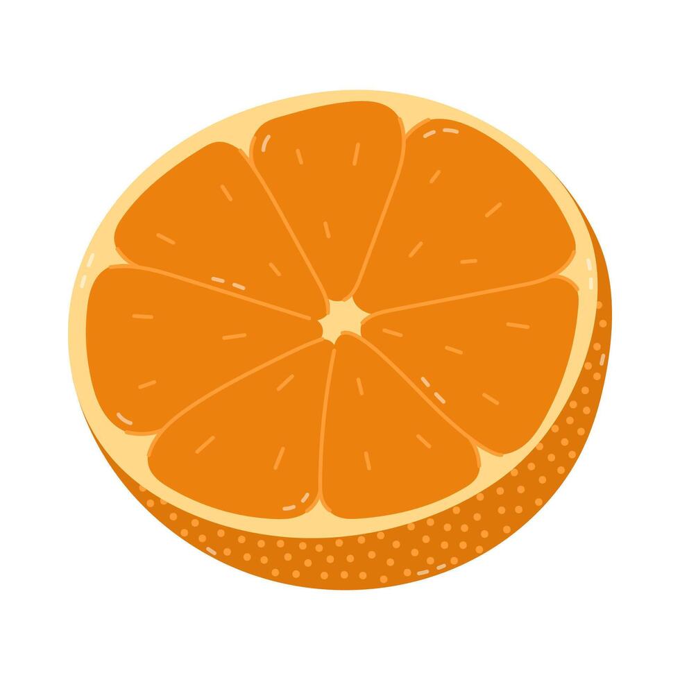 Lovely cartoon half of orange with ripe and sour pulp. Cute sliced tropical juicy citrus fruit full of vitamin C. Refreshing tangerine clipart isolated on white background for poster, menu, packaging. vector