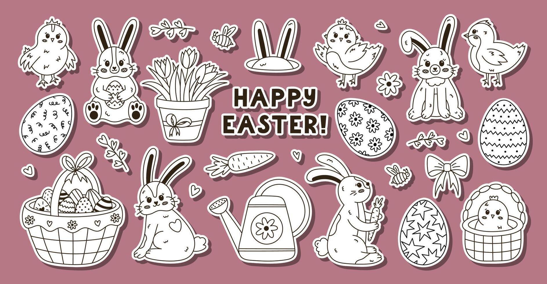 Big outline spring and Happy Easter sticker set for planners, notebook. Ready for print list of lovely stickers with black and white doodle clipart of different bunny, cute chick, ornate eggs, tulips. vector