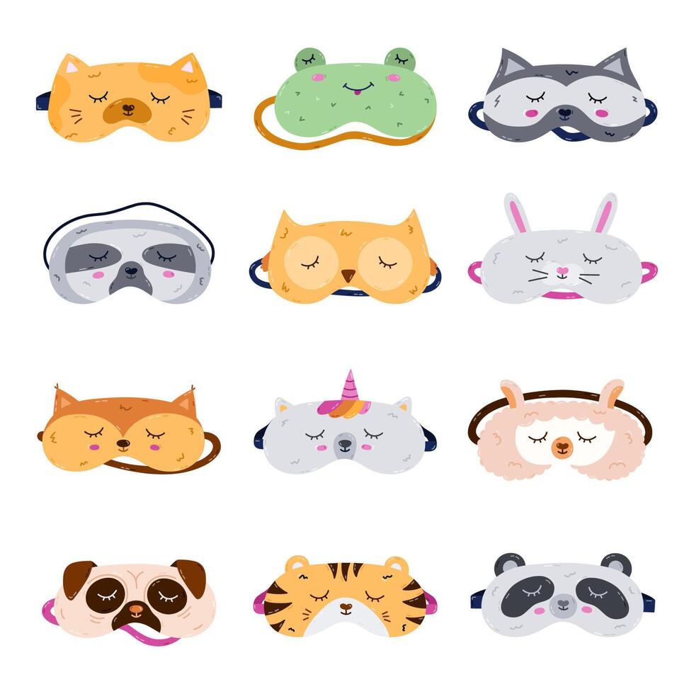 Big cartoon animal sleeping mask set in the shape of pet head. Cute kids eye mask collection with cat, frog, tiger, pug, etc. head. Hand drawn good night accessory for resting isolated on white. vector