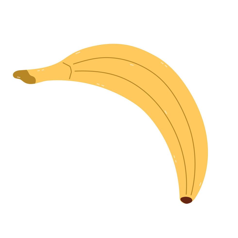 Lovely cartoon banana in peel in childish style. Cute vivid fruit from tropics for yummy healthful snack isolated on white background. Yellow food clipart for greeting card, design, print, poster. vector