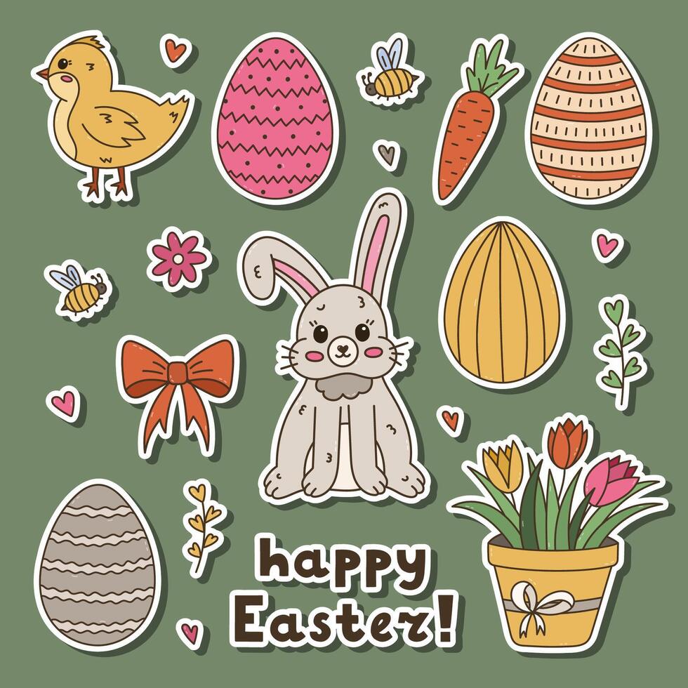 Colorful doodle Happy Easter and spring sticker set for planners, notebooks, scrapbook. Ready for print list of cute stickers with doodle of Easter bunny, baby chicken, ornate eggs, tulips in pot. vector