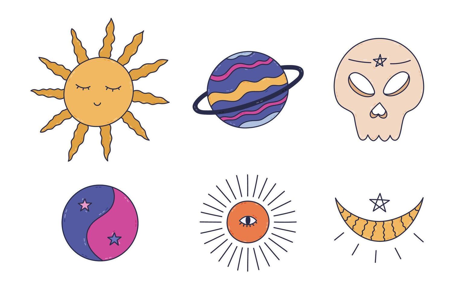 Lovely coloured doodle astrology and occult set with esoteric sun with wavy rays, crescent moon, all seeing eye, human skull, yin yang. Hand drawn mystic cosmic doodle isolated on white background. vector