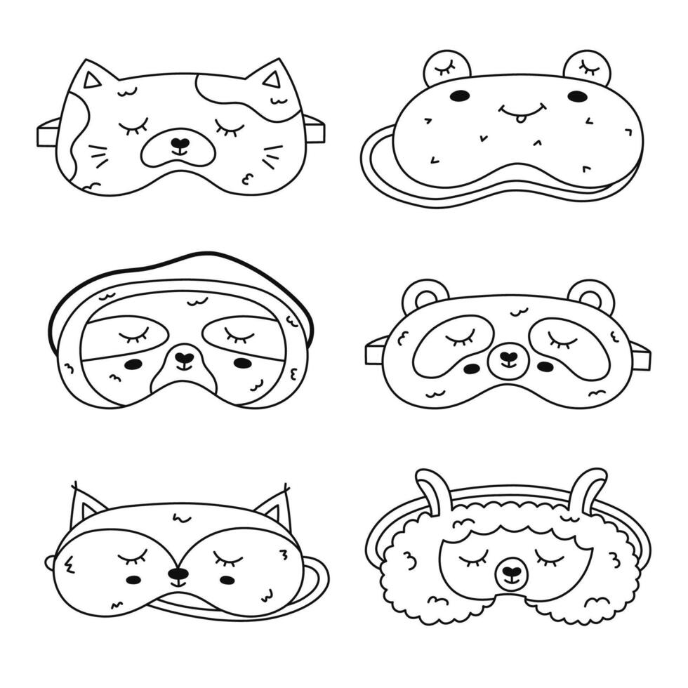 Childish line doodle animal sleeping mask set in the shape of frog, fox, cat, panda, sloth, llama head. Funny kids eye mask collection with pet head. Hand drawn sweet dreams accessory for nap. vector