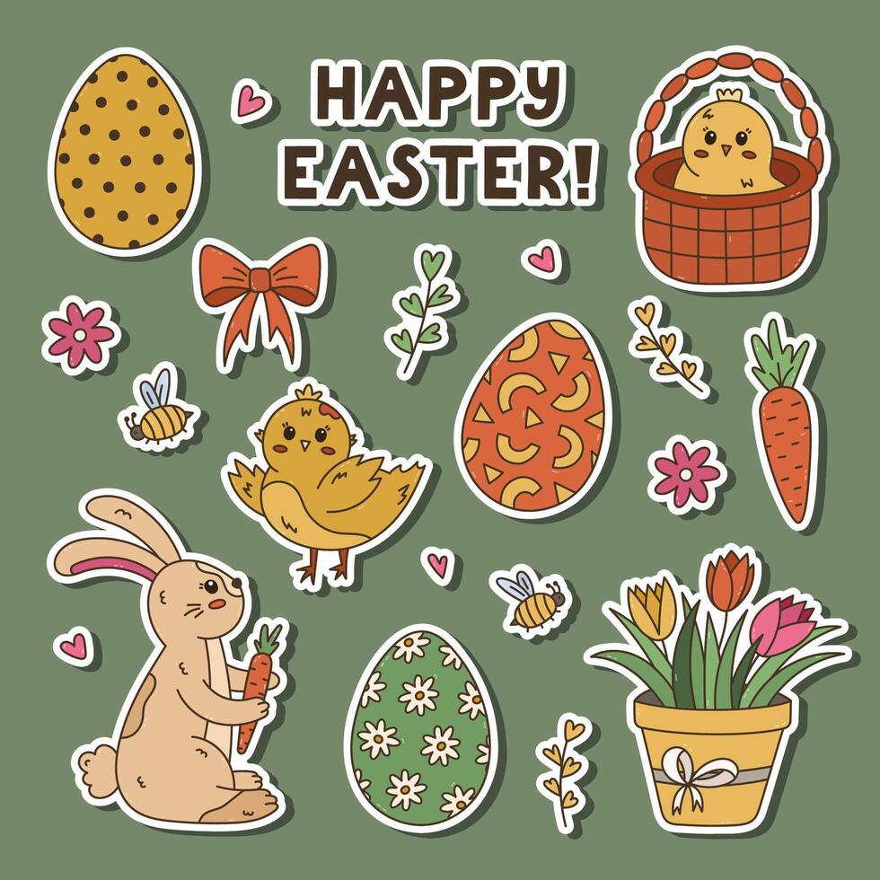 Colorful spring and Easter egg hunt sticker set for planners, notebooks. Ready for print list of cute stickers with cartoon doodle of bunny with carrot, ornate eggs tulips, basket with baby chicken. vector