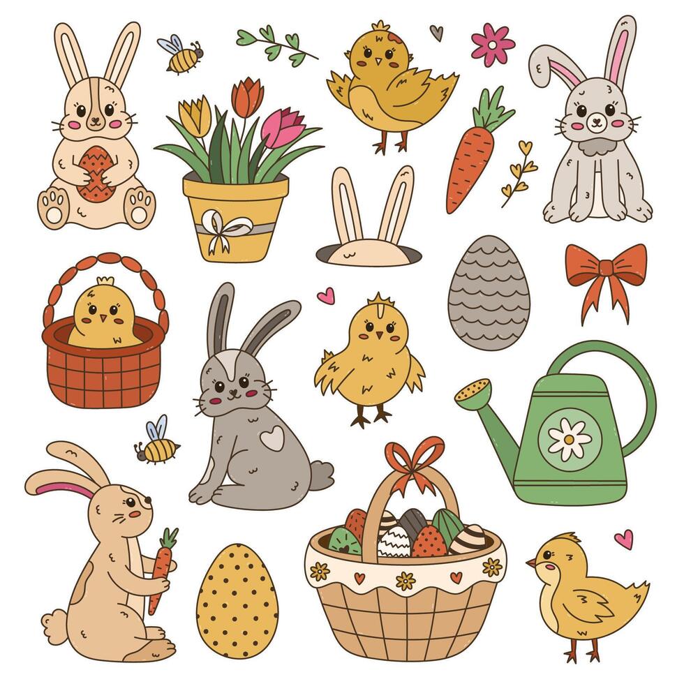 Colourful doodle Easter set with bunny character, funny chick, patterned painted eggs, rabbit ears, springtime flowers, bee. Easter egg hunt religious holiday cartoon collection isolated on white. vector