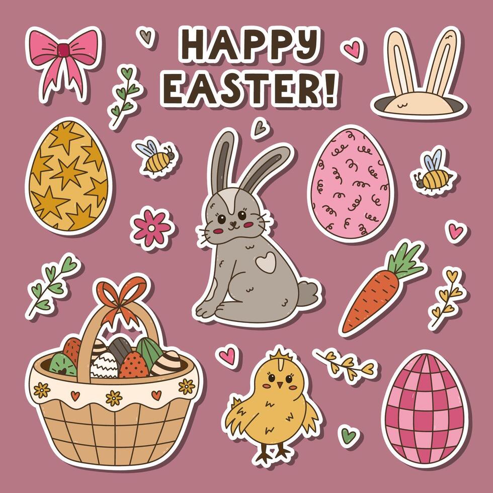 Lovely Happy Easter egg hunt and springtime doodle sticker set for planners, notebooks. Ready for print sheet of cute stickers with colorful doodle of bunny, cute chick, painted eggs, rabbit ear. vector