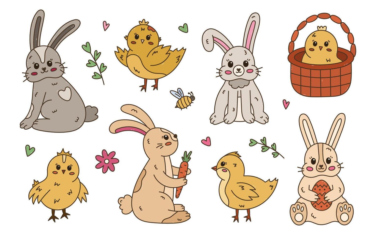 Lovely colored doodle set with Easter bunny and baby chick in different poses. Childish hand drawn rabbit holding Easter egg, with bent down ear, chicken waving wing. Sign of religious spring holiday. vector