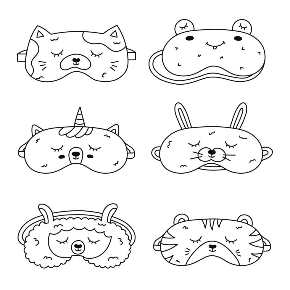 Childish line doodle animal sleeping mask set in the shape of kitten, toad, unicorn, rabbit, llama, tiger face. Funny kids eye mask collection with pet head. Hand drawn sweet dreams accessory for nap. vector