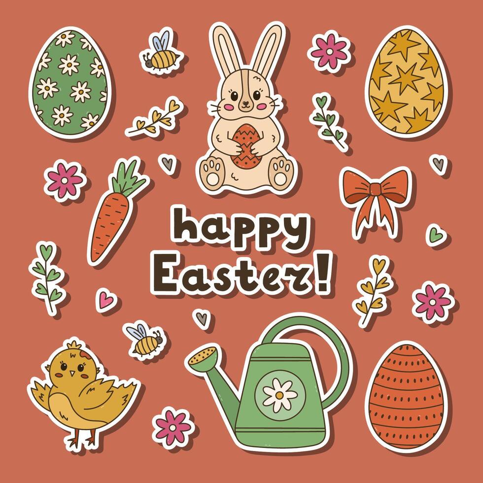 Lovely doodle Happy Easter and spring sticker set for planners, notebooks. Ready for print list of cute stickers with cartoon outline doodle of fluffy bunny, chick waving wings, painted eggs, bow. vector