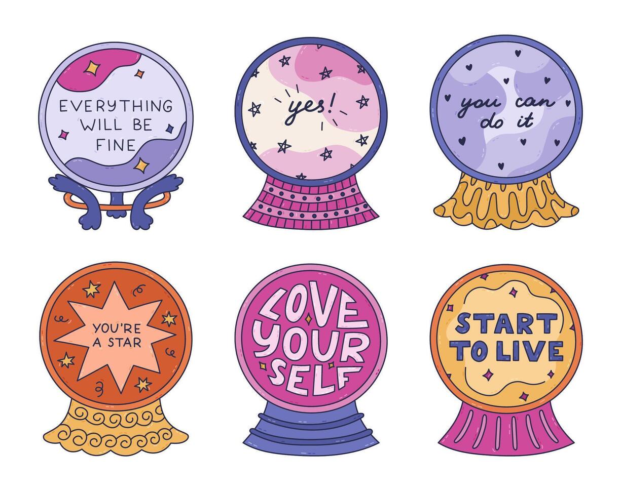 Lovely colored doodle set with magical crystal ball with positive forecast and motivational lettering. Cute hand drawn magic glass ball of fortune teller. Optimistic typography. Esoteric collection. vector