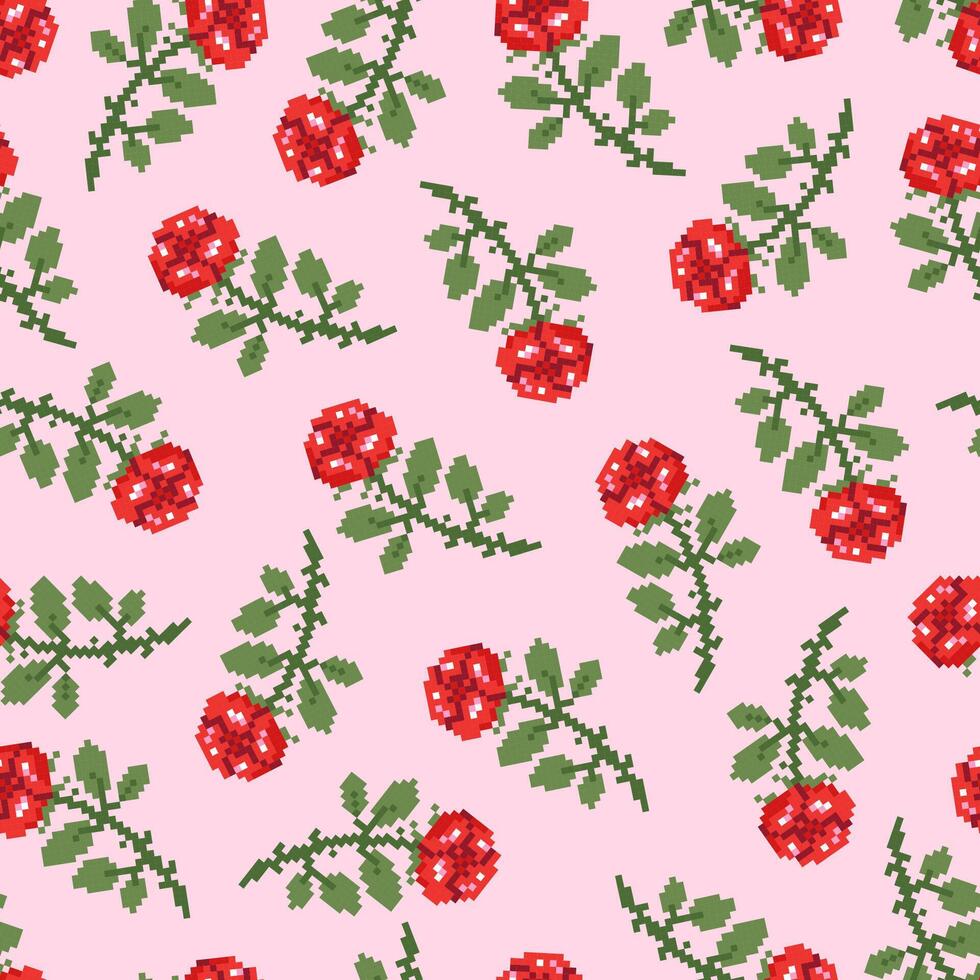 Seamless pattern with pixel flowers roses and leaves. Hand drawn illustration in pixel style for wrapping paper, textile, fabric. vector
