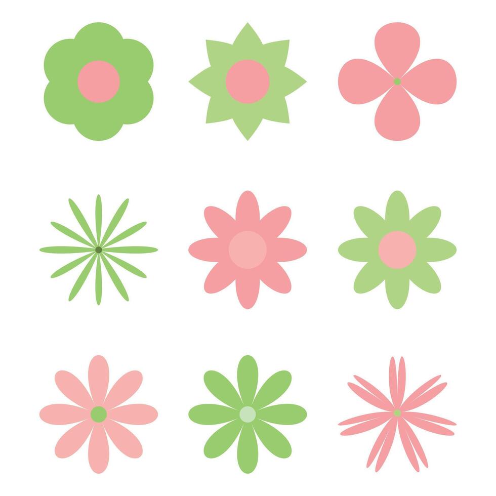 a collection of simple flowers in pastel pink and green shades vector