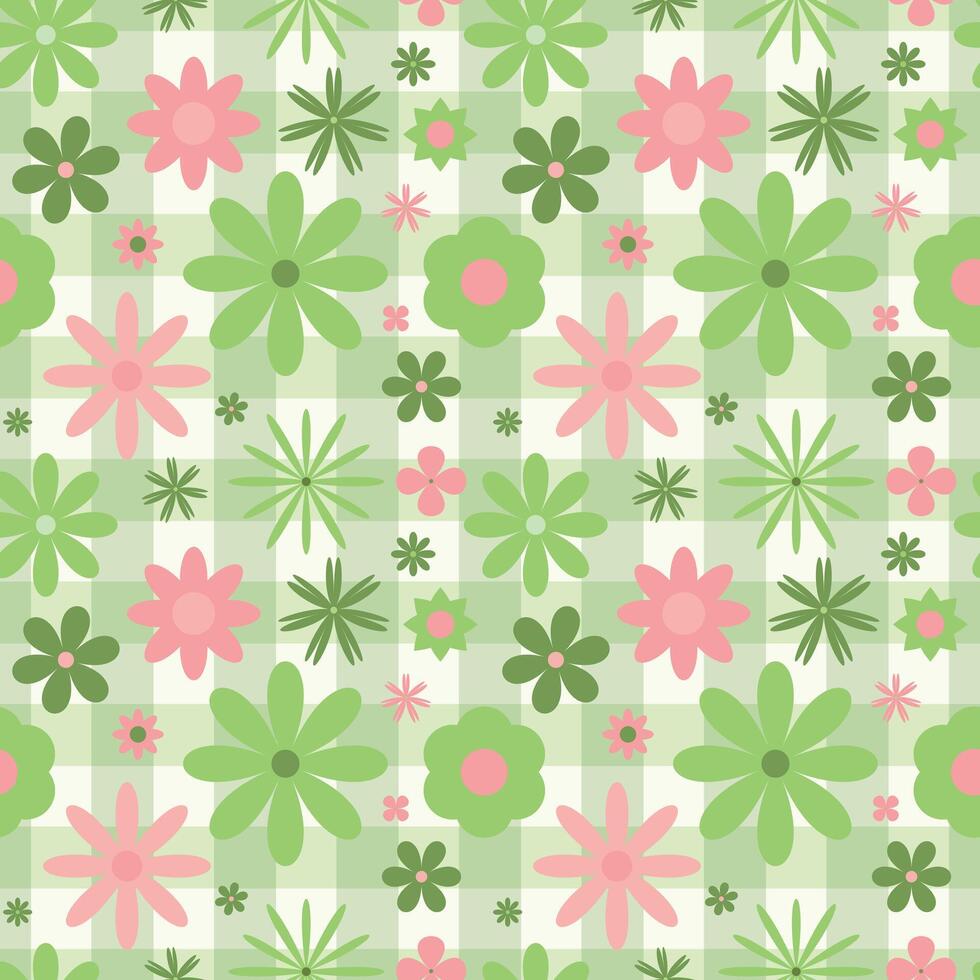 spring wallpaper with simple flowers on a gingham green background vector