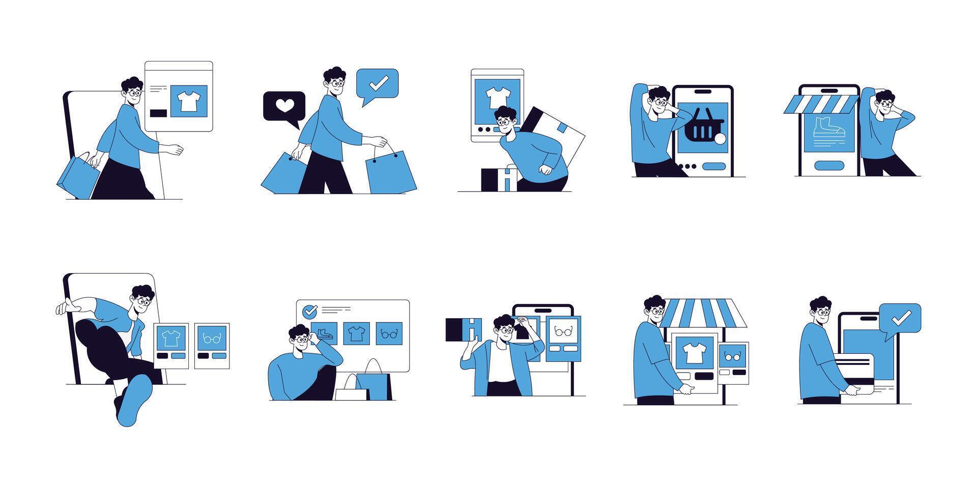 Online Shopping on Mobile Phone Character Illustration Set vector