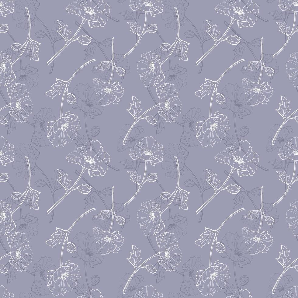 Flowers on soft lilac background, pattern of contour drawings of flowers, possibly poppies. Textile. vector
