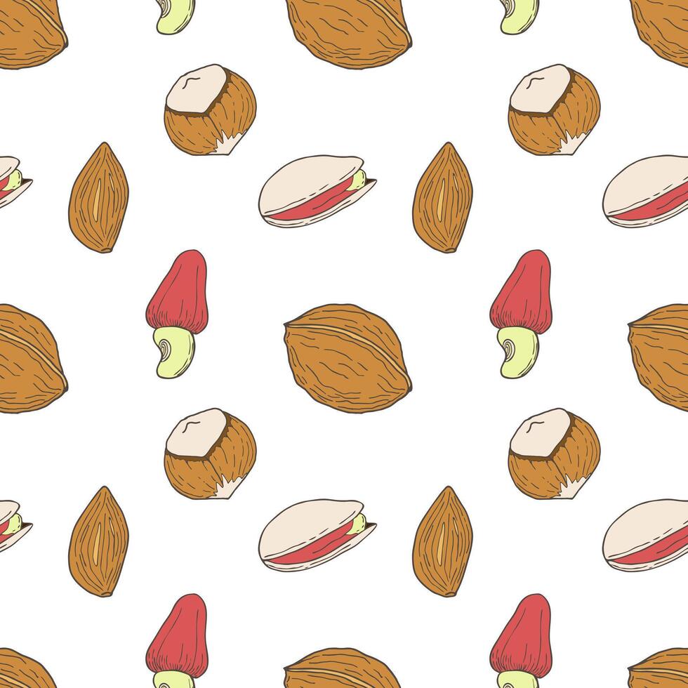 Seamless pattern with nuts. Healthy food nuts and seeds, nutrition walnut, hazelnut, pistachio and almond. vector