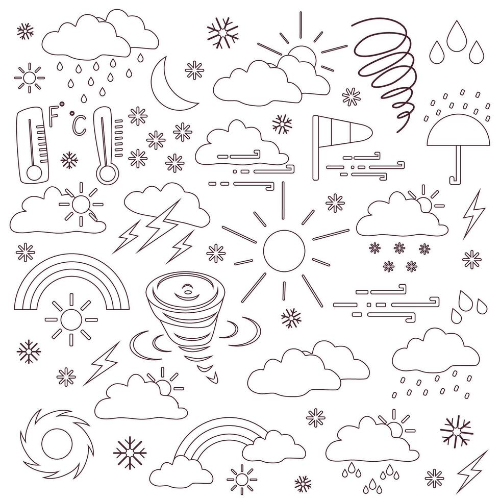 Meteorology and weather phenomenon, lightning bolt flash thunder icon electric isolated , climate condition set, fleshcards for kids, instrument for measuring atmospheric and weather events. vector