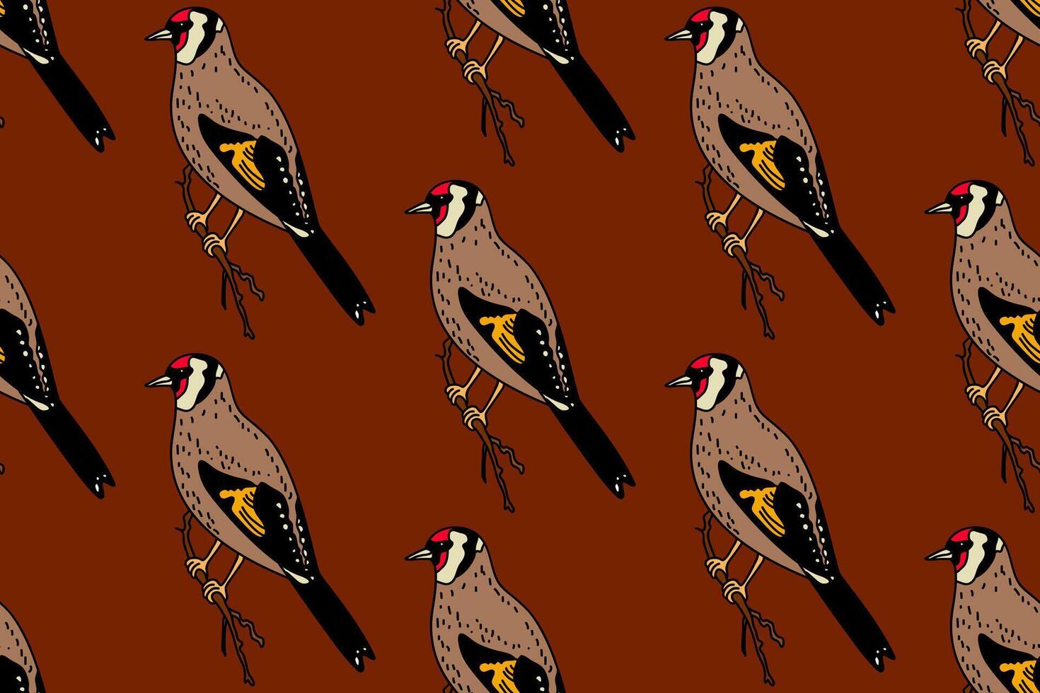 Botanical abstract seamless pattern with garden birds illustration. Colorful repeating carduelis birds cartoon pattern in brown color background. Graphic design for Fashion Cover Textile Print vector