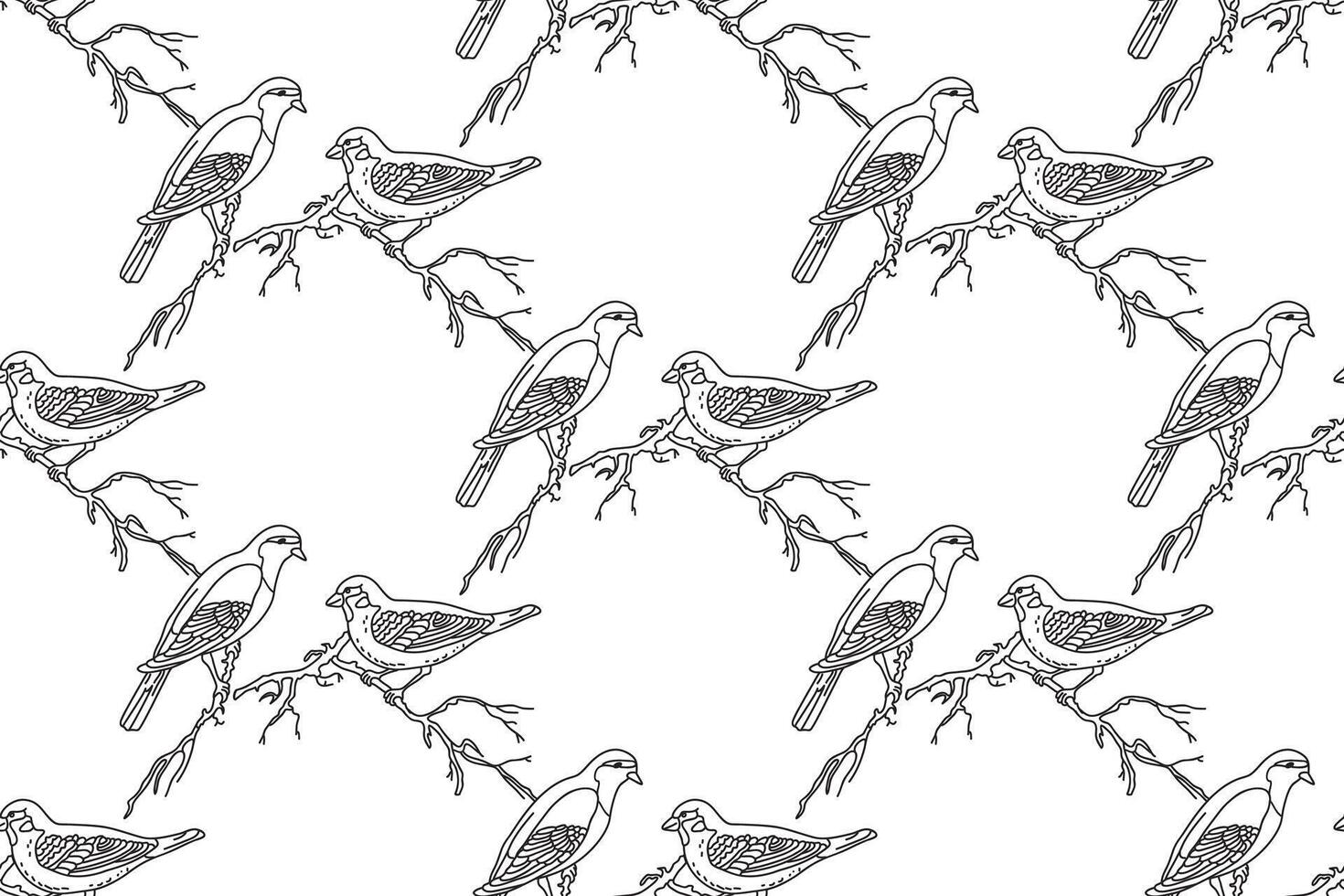 Line art seamless pattern with garden birds illustration. Hand drawn outline repeating sparrow birds pattern on white background. Graphic design for Cover Coloring Page Textile Fashion Print Card vector