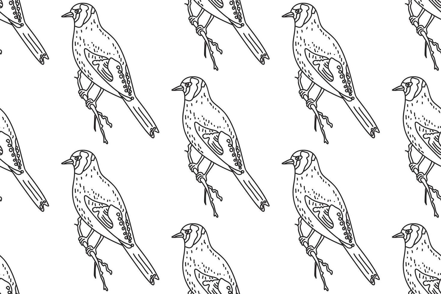 Line art seamless pattern with garden birds illustration. Hand drawn outline repeating carduelis birds pattern on white background. Graphic design for Cover Coloring Page Textile Fashion Print vector