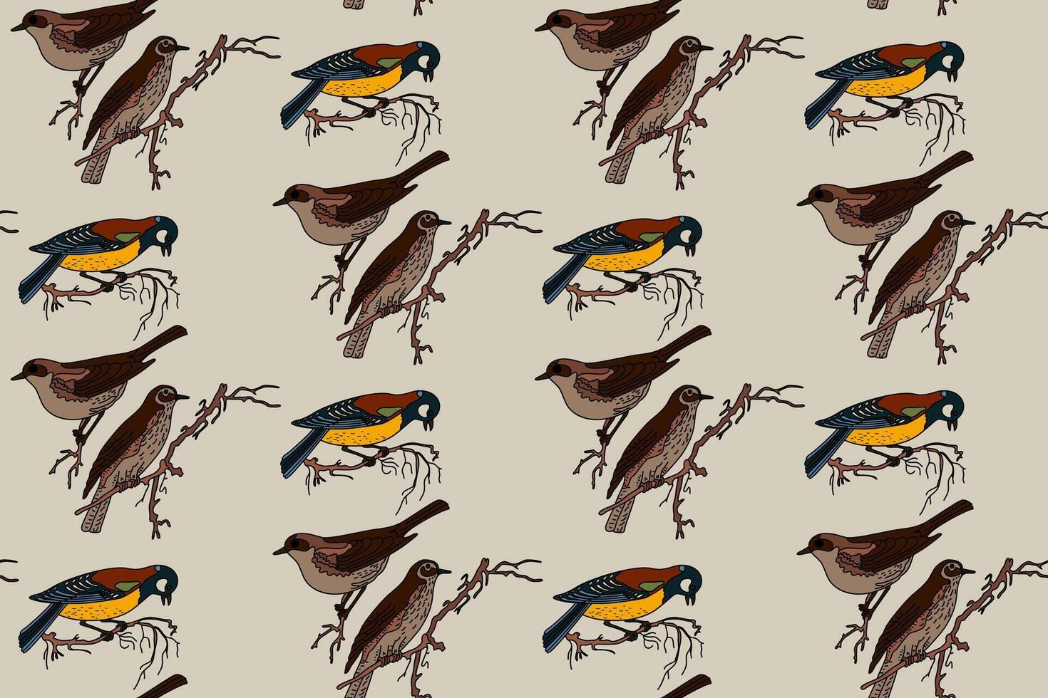 Botanical abstract seamless pattern with garden birds illustration. Colorful repeating cartoon pattern birds in beige color background. Graphic design for Fashion Cover Textile Birthday Card vector