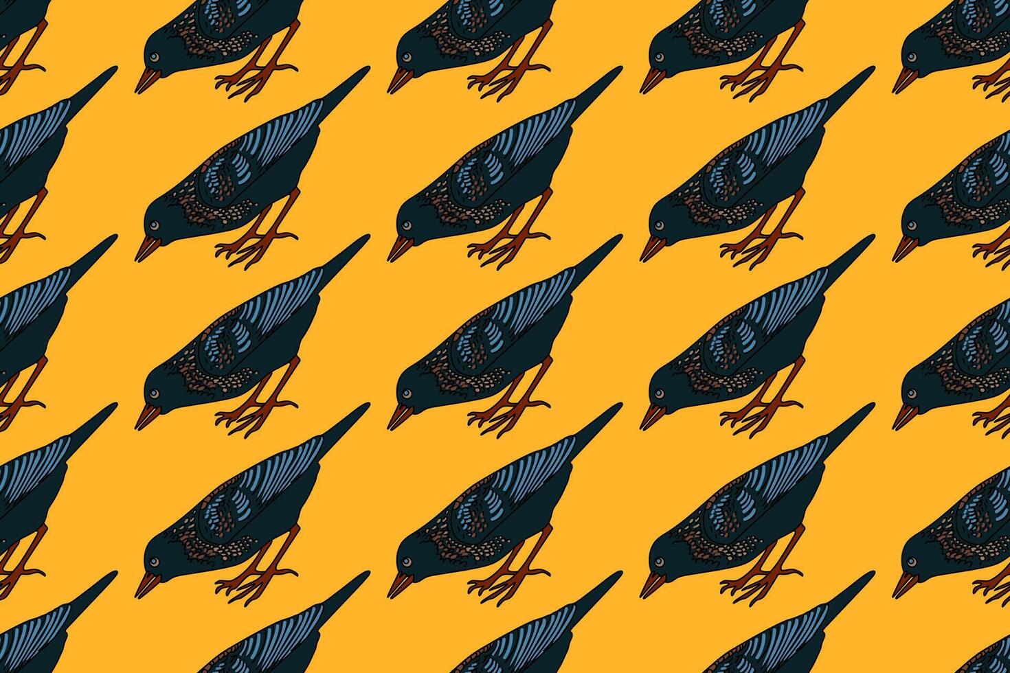 Botanical abstract seamless pattern with garden birds illustration. Colorful repeating cartoon pattern common starling in yellow background. Graphic design for Fashion Cover Textile Birthday vector
