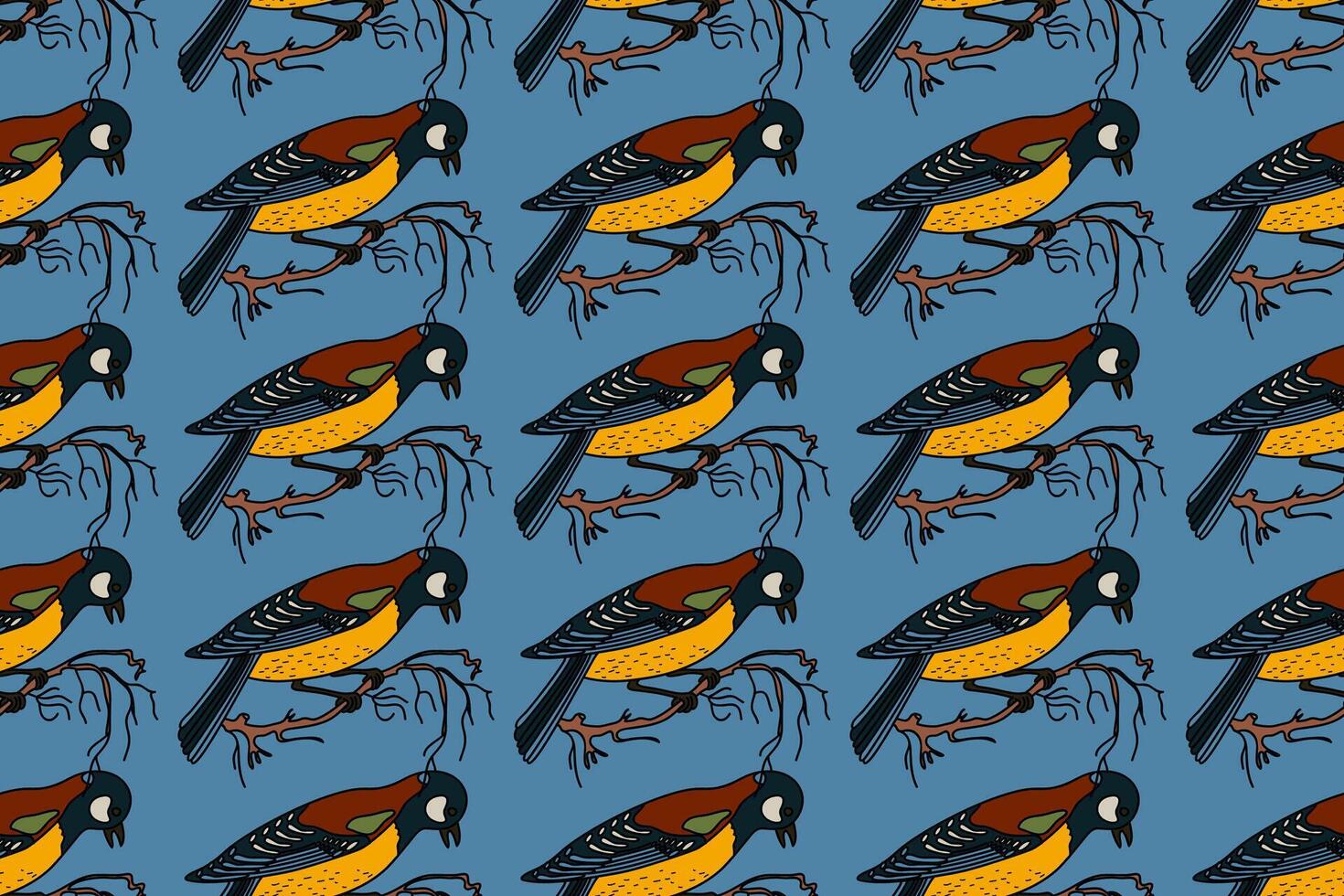 Botanical abstract seamless pattern with garden birds illustration. Colorful repeating cartoon pattern great tit in blue color background. Graphic design for Fashion Cover Textile Print Card vector