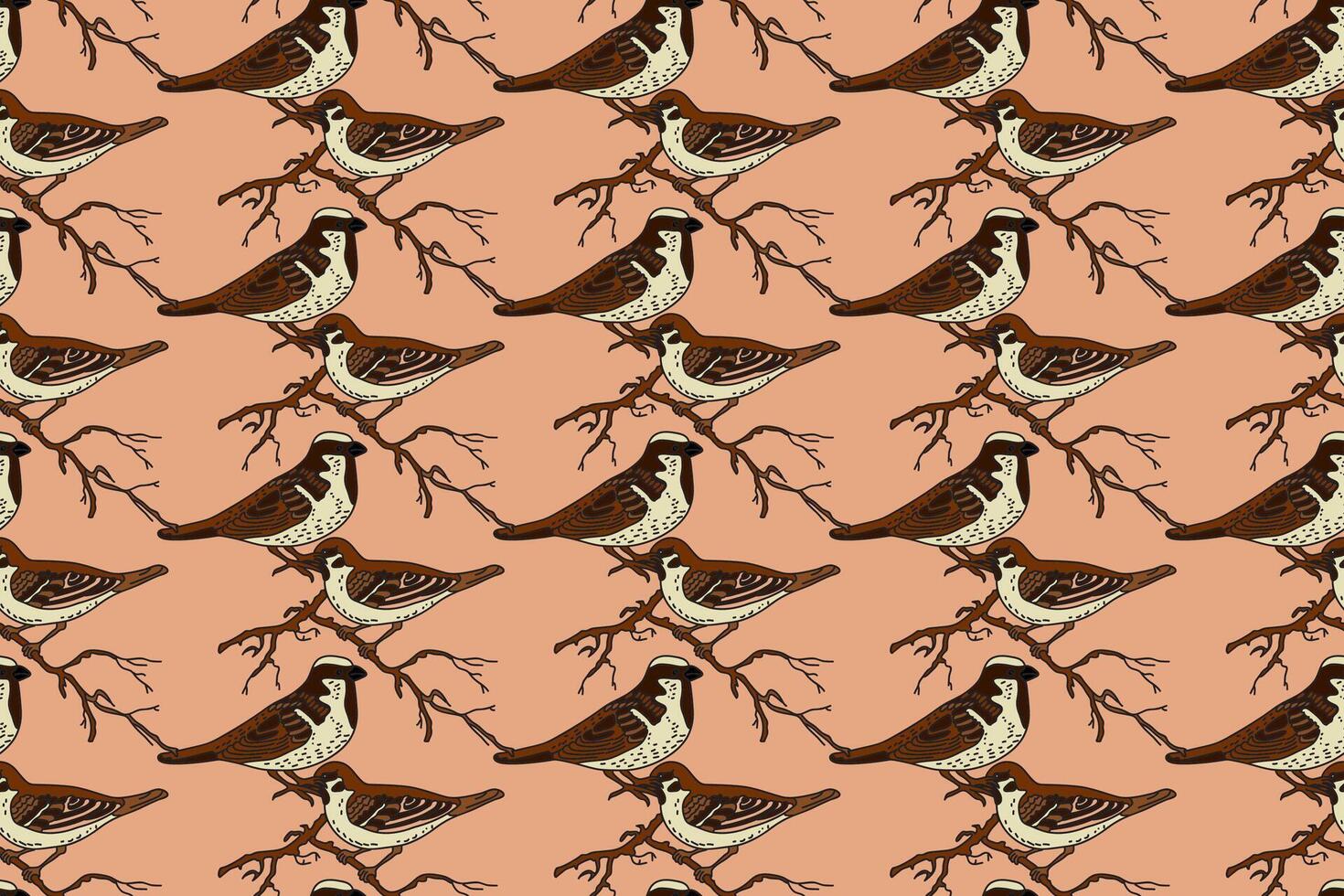 Botanical abstract seamless pattern with garden birds illustration. Colorful repeating sparrow birds cartoon pattern in beige color background. Graphic design for Fashion Cover Textile Birthday vector