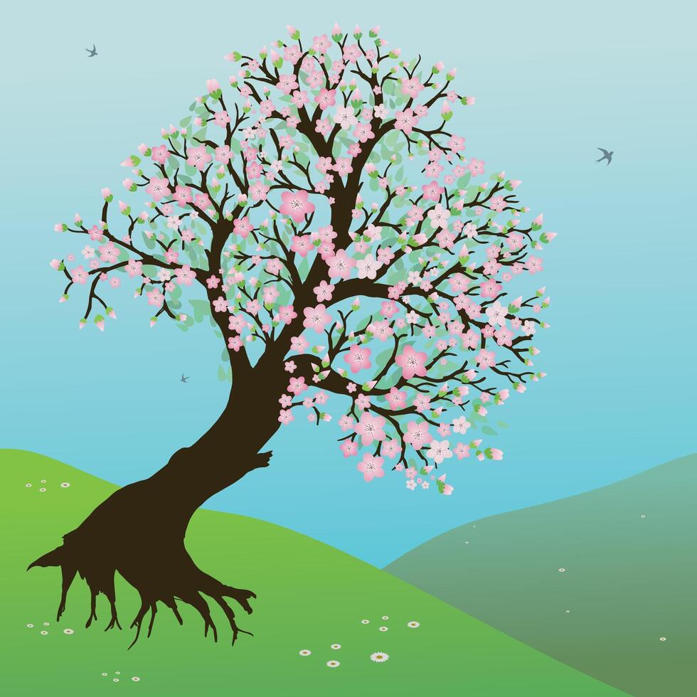 Landscape with hills, grass and a pretty blossom tree.The sky is blue. In the sky there are birds flying. vector