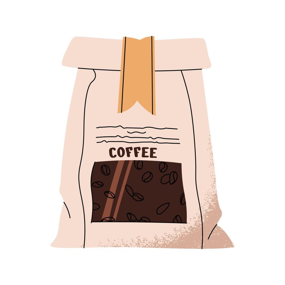 Coffee bag, closed package of freshly roasted coffee beans. Aromatic product in paper pack for caffeine drink, beverage. Flat illustration isolated on white background vector