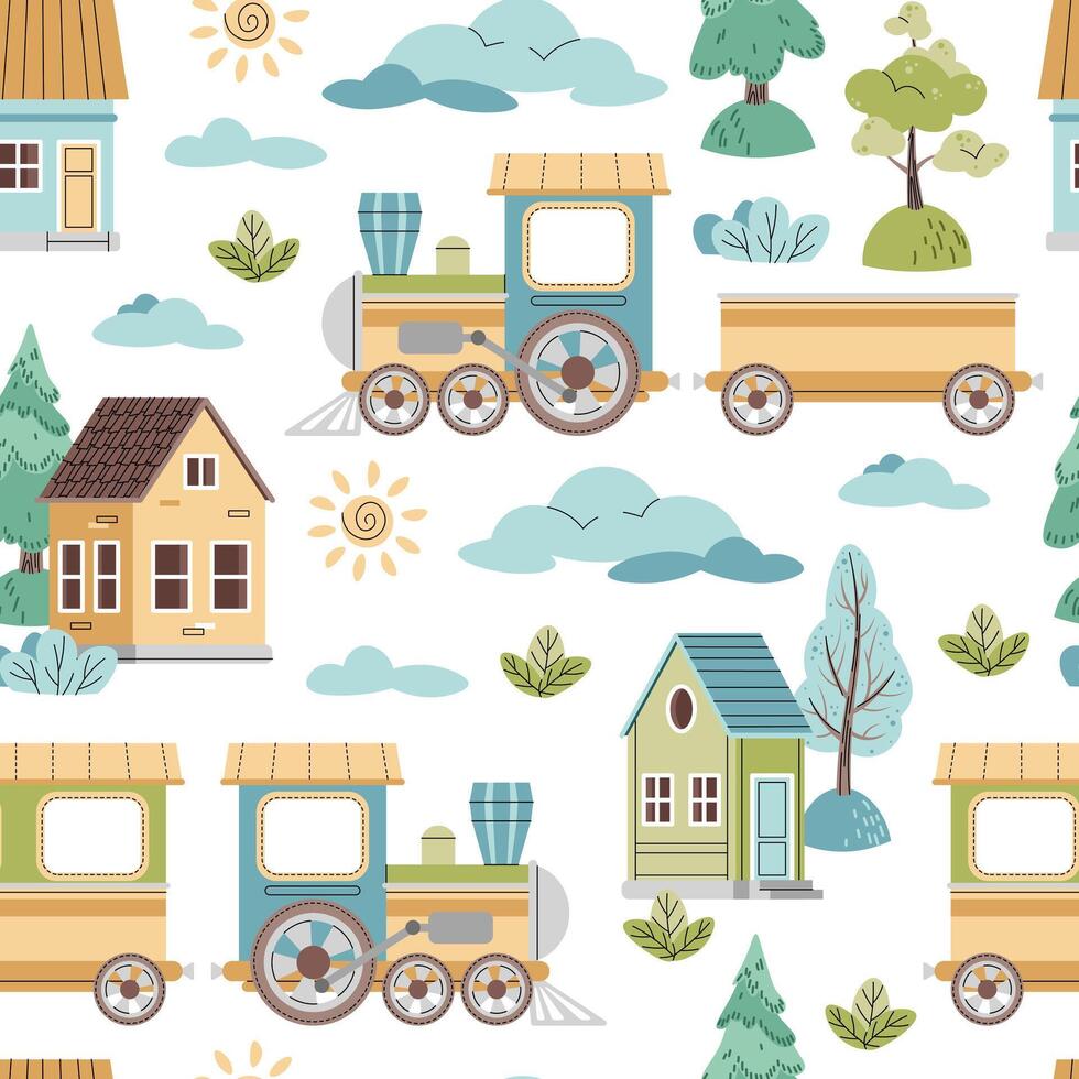 Seamless pattern with steam locomotive, houses and trees in flat style. Childish background with toy train for fabric, wallpaper, scrapbooking, etc. vector