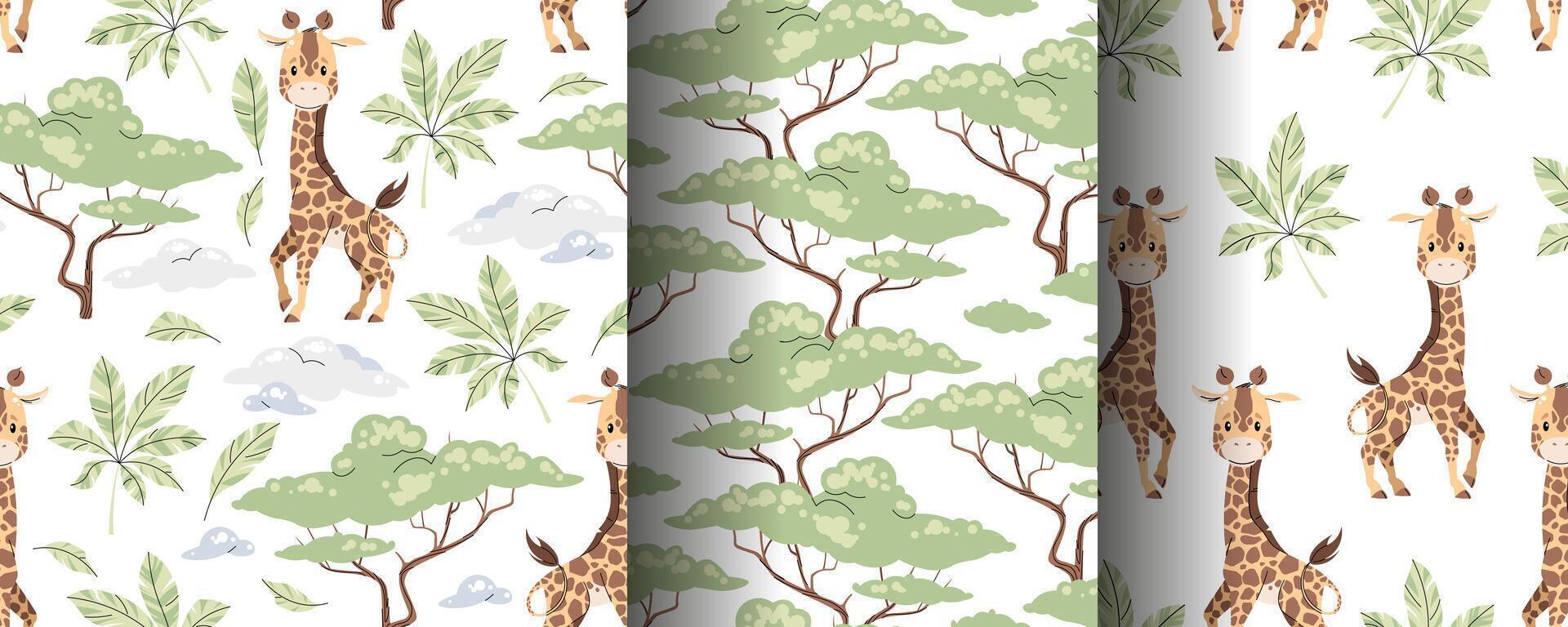 Set of seamless patterns with cute giraffes in flat style. Repeating background with African animals, palm leaves and acacia. Childish illustration for fabric, wallpaper, wrapping paper, scrapbooking vector