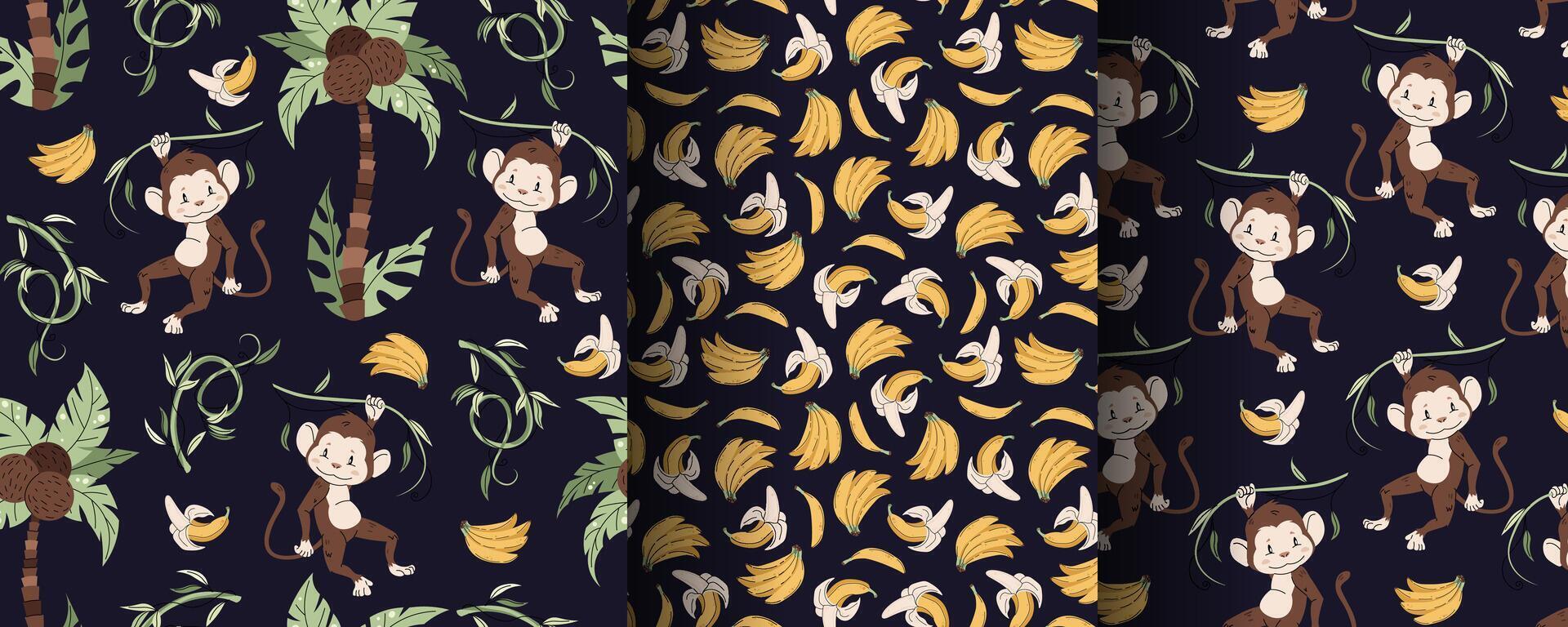 Set of seamless patterns with cute monkeys in flat style. Repeating background with African animals, palm trees and bananas. Childish illustration for fabric, wallpaper vector