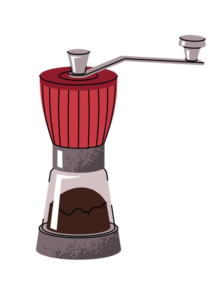 Manual coffee grinder. Modern equipment for grinding coffee beans. Device for making coffee drinks. Flat illustration isolated on white background vector
