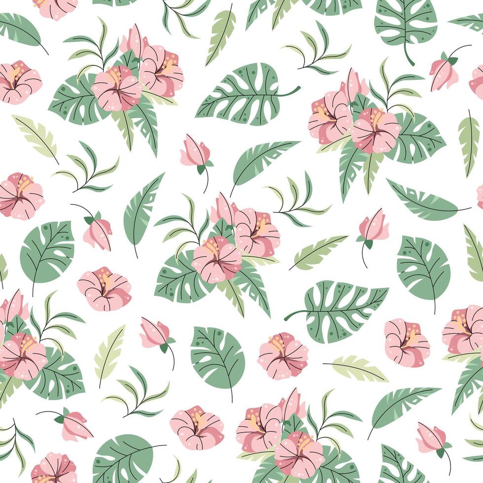 Seamless pattern with tropical leaves in flat style. Repeating background with hibiscus flowers and leaves. Botanical background for fabric, wallpaper, wrapping paper, scrapbooking etc. vector